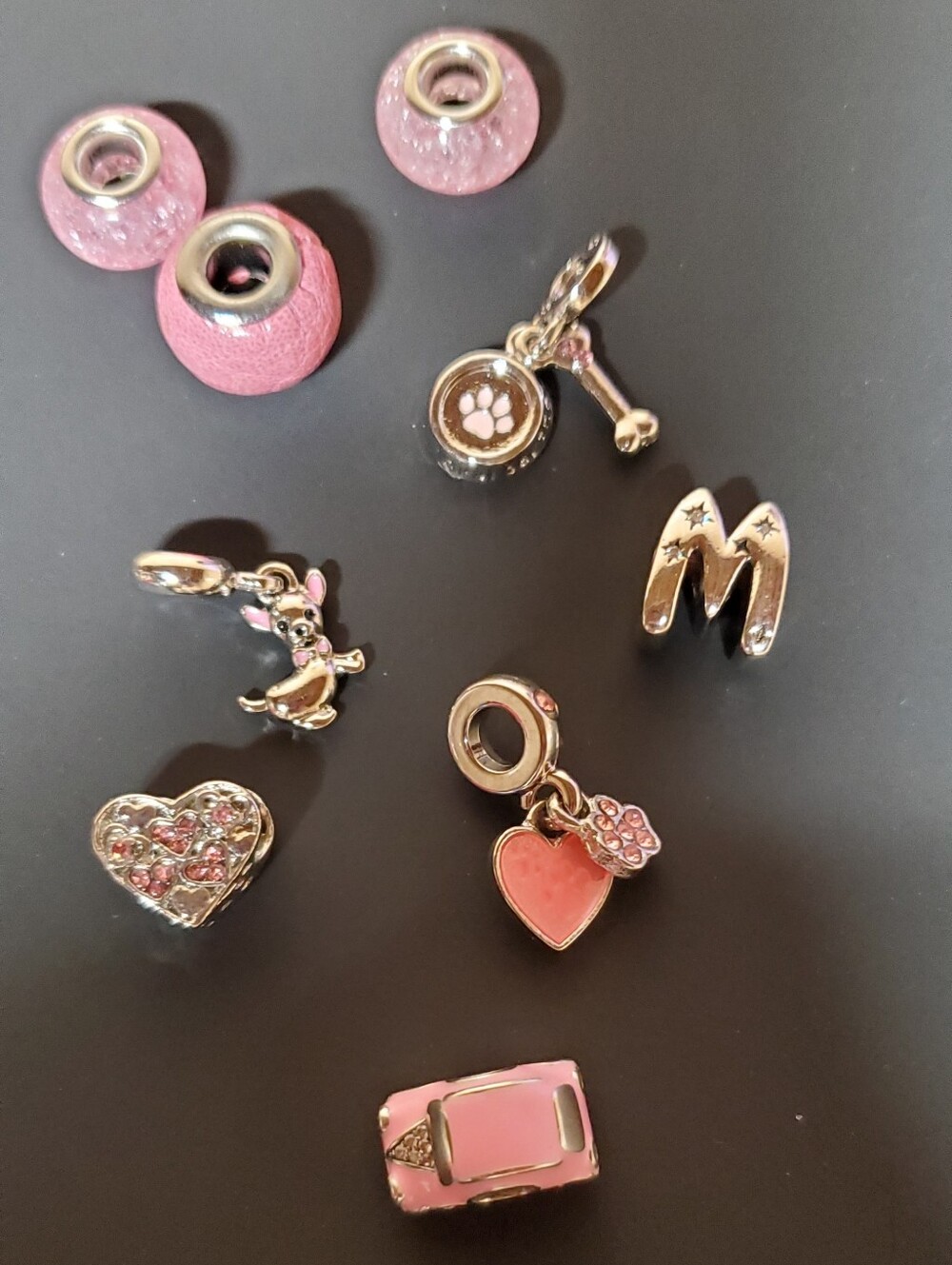Lot of 9 Brand New Pink & Silver Tone European Charm Bead Dangles & Spacers - Picture 5 of 5